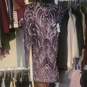 Jump Navy and Gold Glitter, Long Sleeve Bodycon Dress with Open Back